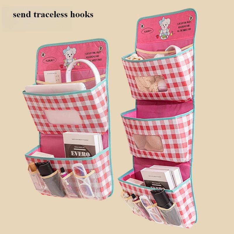 Nordic Lattice Multifunctional Bedroom Wall Storage Hanging Bag Organizer Bedside Door Multi-layer Hanging Storage Basket Fabric