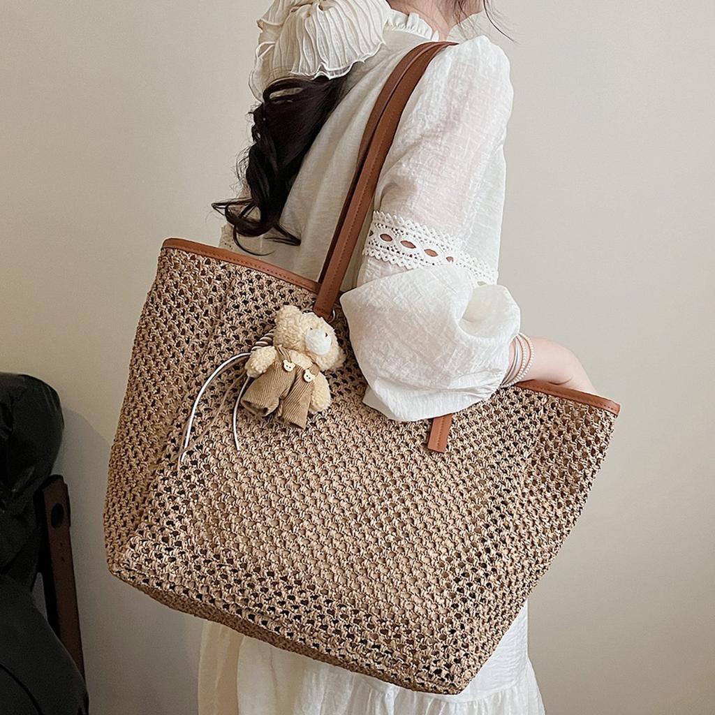 Seaside Beach Vacation Straw Bag Women'S Summer Commuter Shoulder Bag Hollow Woven Tote Bag