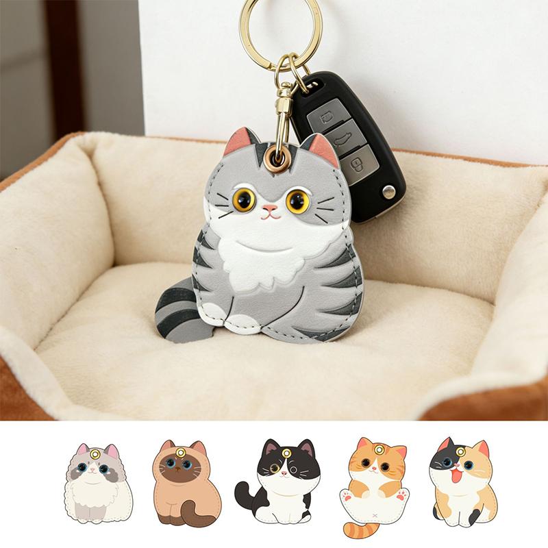 Pu Leather Keychain Holder Compatible With Airtag, Cute Pet Cat And Dog Gps Tracker Case Charm Key Ring