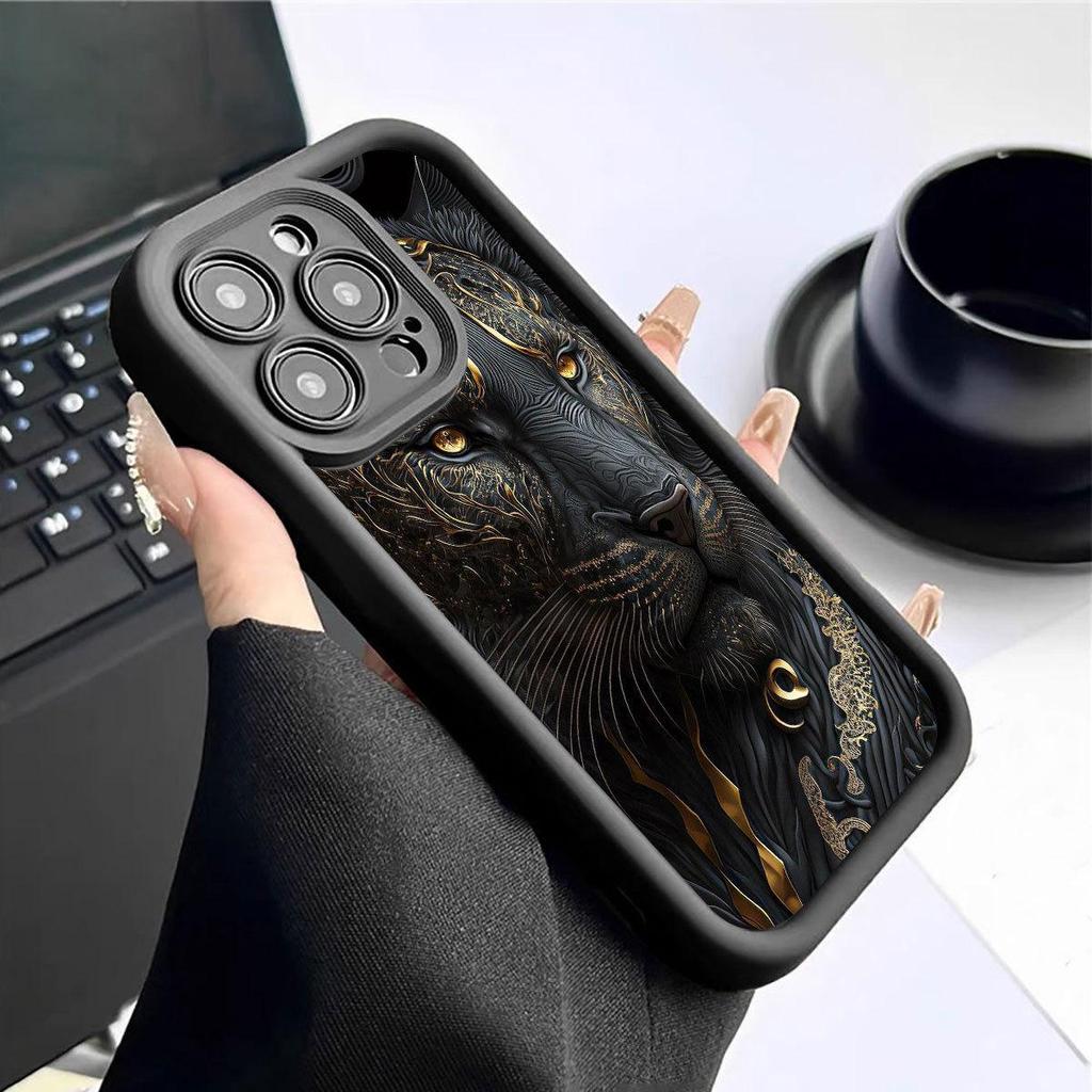 Gradient Lion Leopard Grooved Phone Case for iPhone 14/15/16/17 Pro Max - Black Style Protection