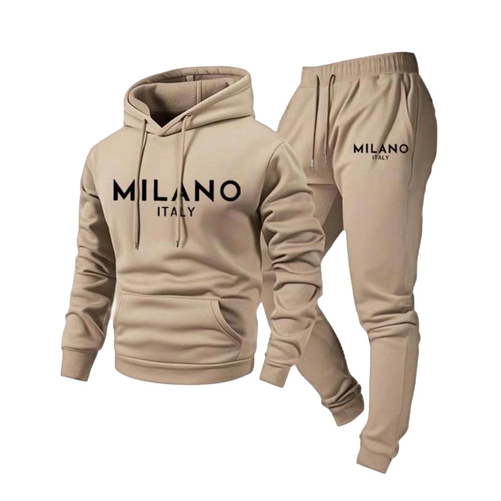 Men's Casual Solid Color Letter-printed Sweatshirt Set, Men's Fleece Hooded Drawstring Sweatshirt And Sweatpants Two-piece Set