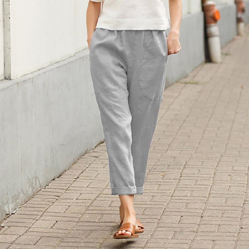 Women's Linen Blend High Waist Cropped Pants Elastic Waist Loose Fit Casual Tapered Trousers