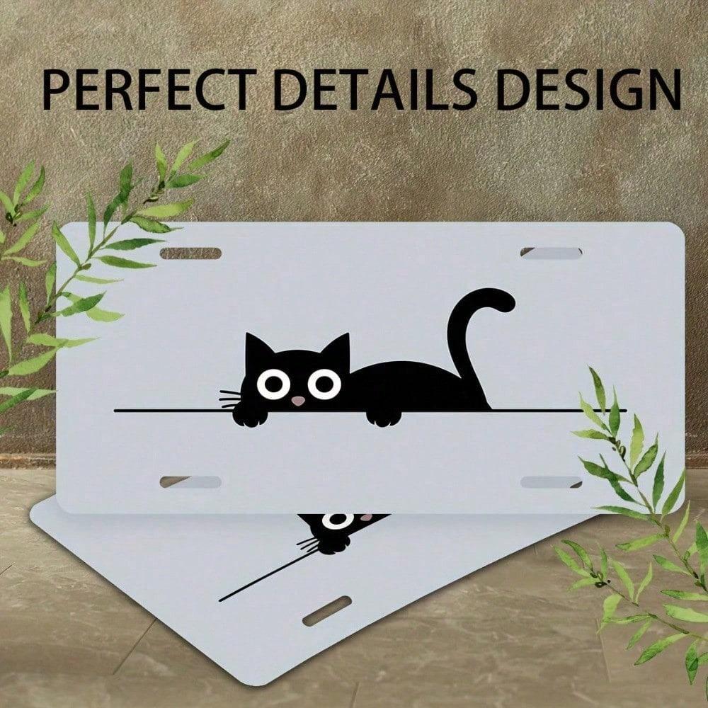 Black Cat Tail License Plate Frame, Polished Aluminum Front Bumper Tag Cover, Universal 5.9x11.8in, Durable Fade-Resistant Exterior Accessory