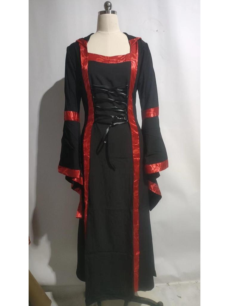 Mittelalterliches A-Linien-Langkleid mit hoher Taille, Kapuze und Schnürung, mit großem Schwingrock - Europäischer und amerikanischer Stil.