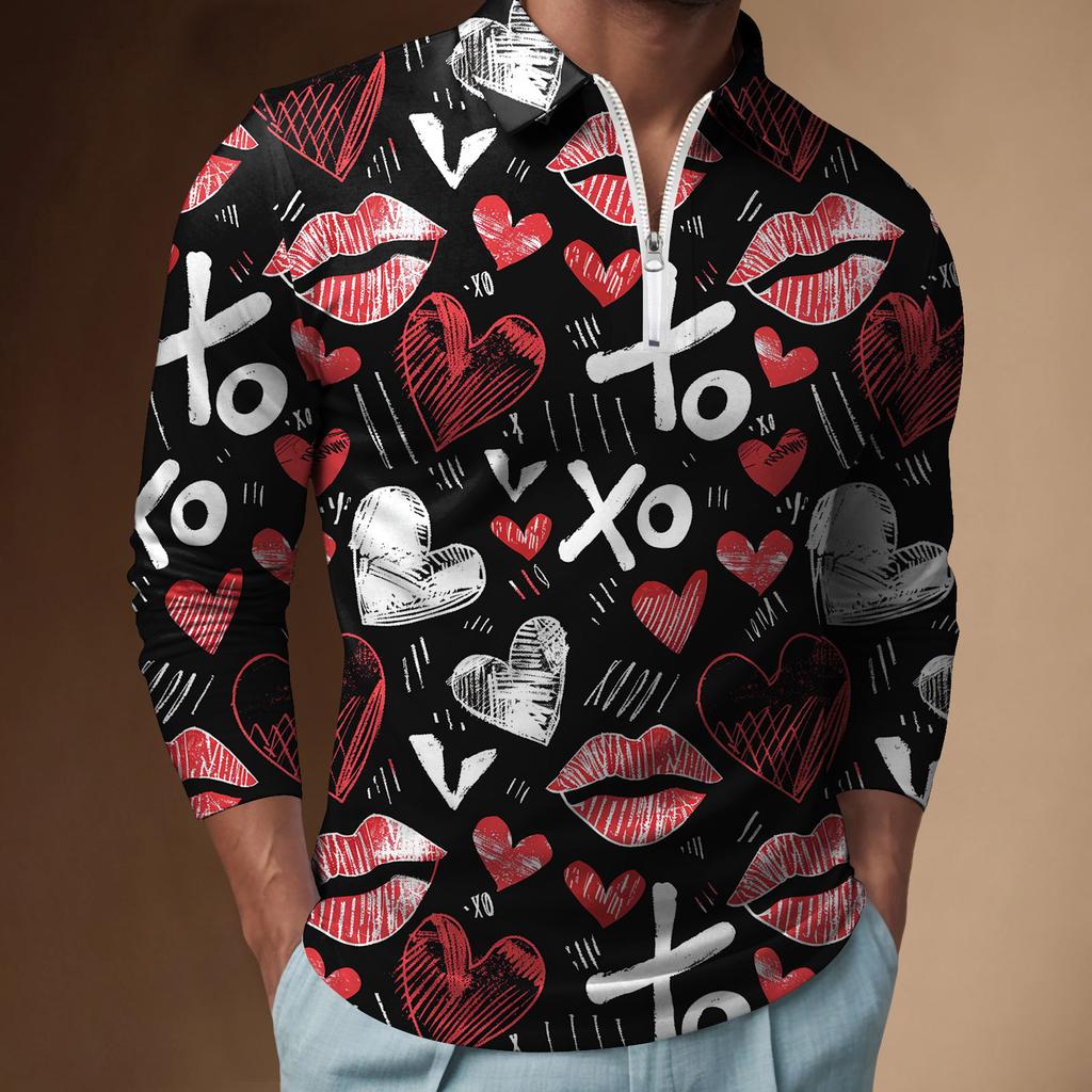 Trendy long-sleeve zip polo shirt with sparkling heart print, stylish casual men's top.