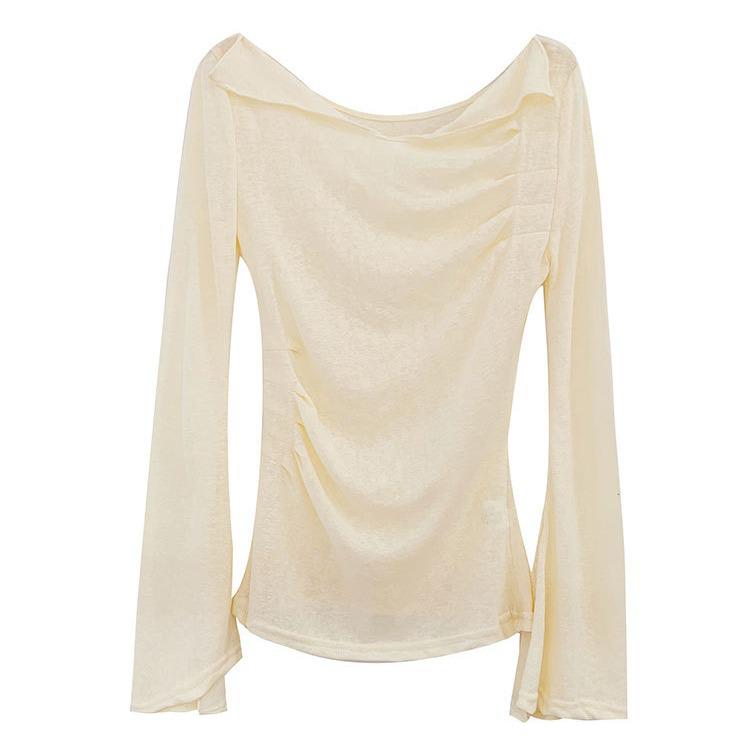 French Transparent Pleated Trumpet Sleeve Blouse - New Sweet & Spicy Women's Top