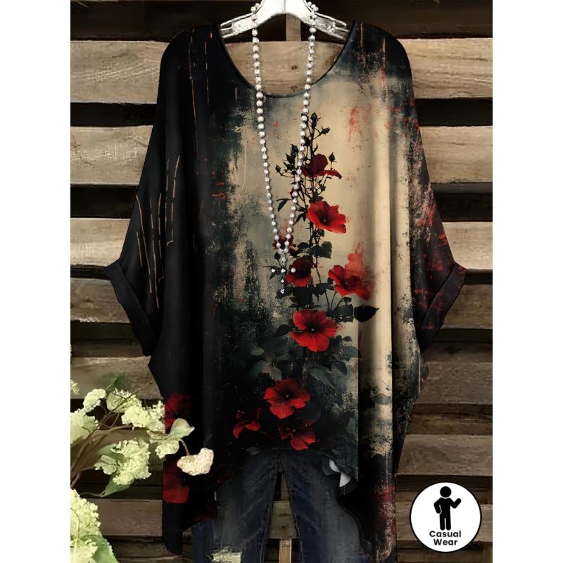 T-shirt da Donna Taglie Forti Stampa Floreale Stella Pianta Coda di Rondine Manica Corta Girocollo Top Casual per Vacanze Lavoro Quotidiano