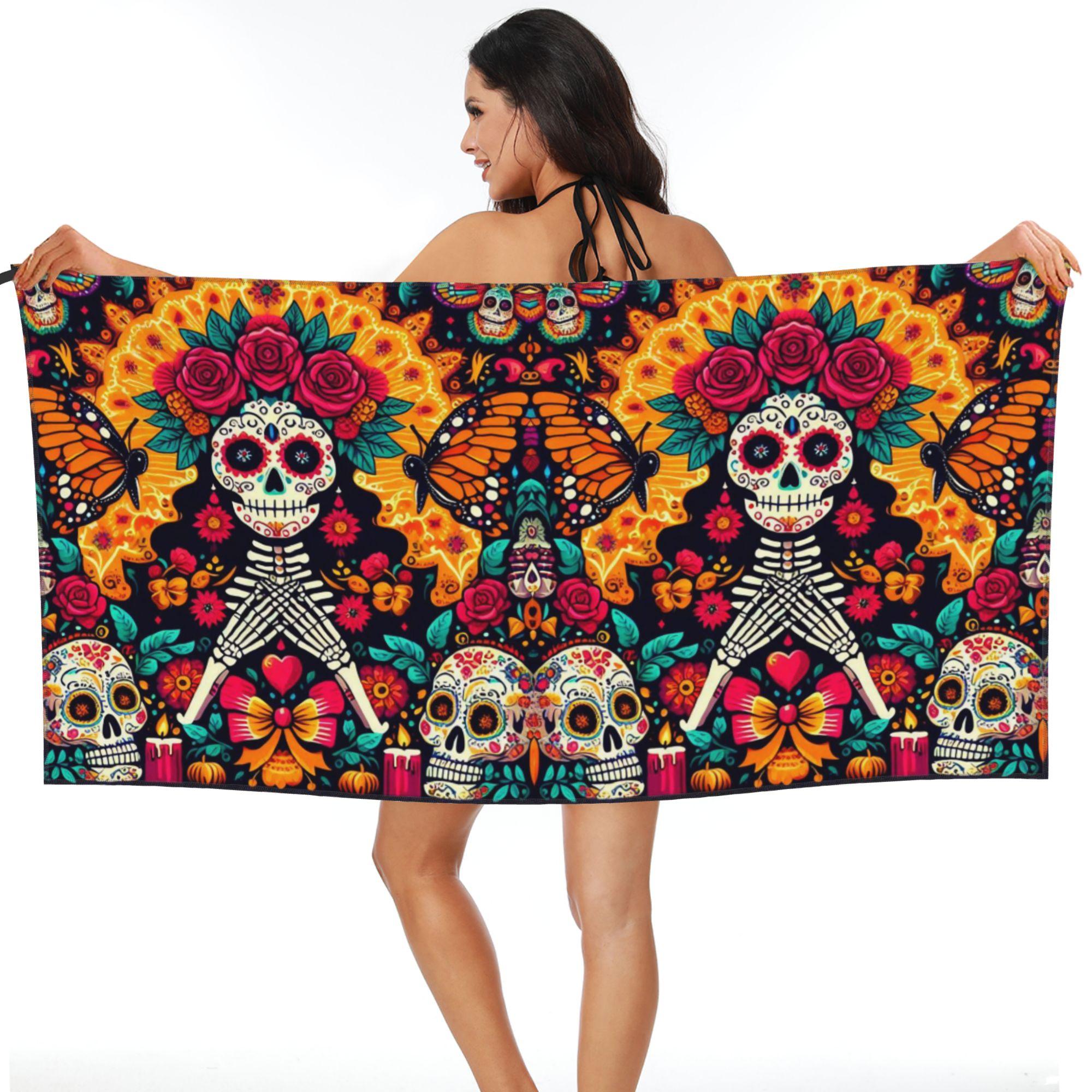 

Mexican Sugar Skulls And Flowers Beach Towel Soft Microfiber Quick Dry Absorbent Quick Towels For Bath W40*H60(CM)