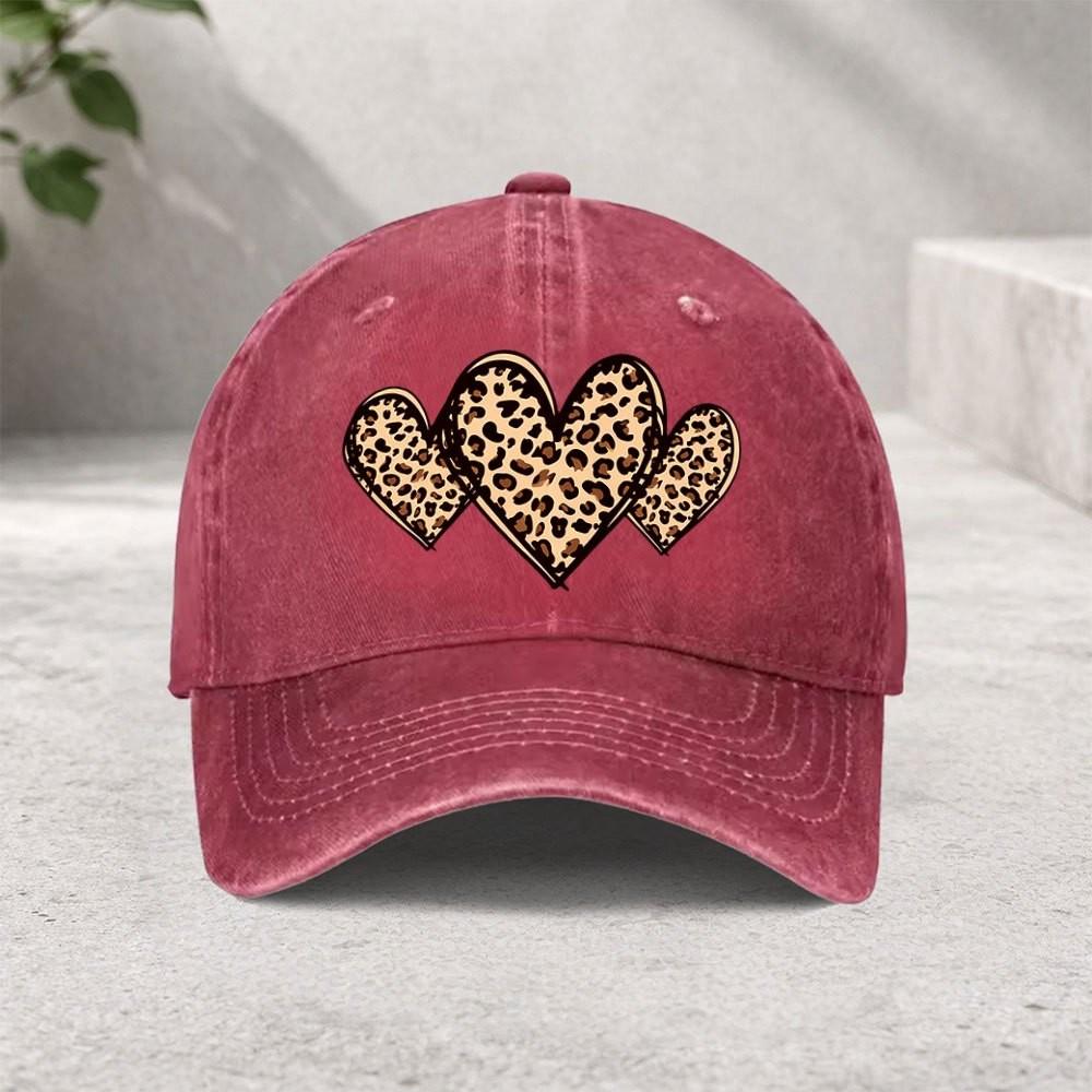 Leopard Heart Print Washed Baseball Cap Vintage Cotton Adjustable Outdoor Sports Hat