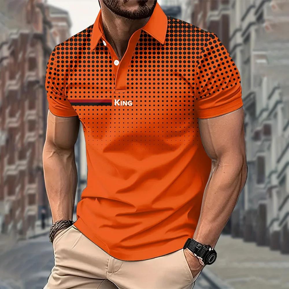 Stylish Polka Dot Short Sleeve Polo Shirt with 'KING' Print, Casual Fashion Top