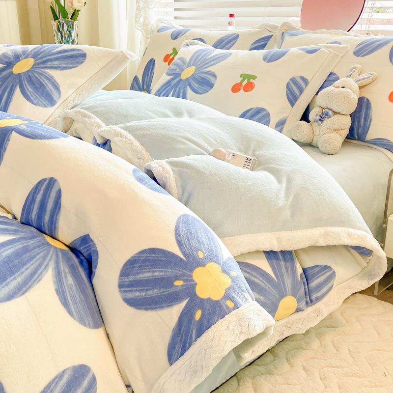 Retro pastoralny styl mleczny czteroczęściowy prześcieradło poszwa na kołdrę pogrubiony ciepły pokrowiec na kołdrę na łóżko koralowy aksamit zimowy trzyczęściowy zestaw