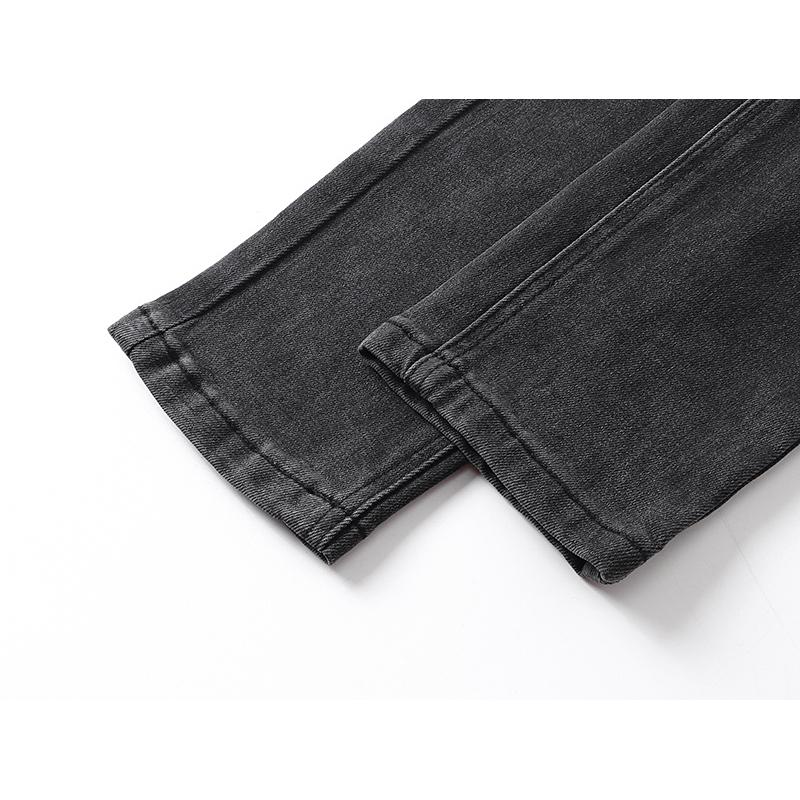 Men's Black Washed Distressed Straight Leg Jeans, Ripped Patchwork Denim Pants