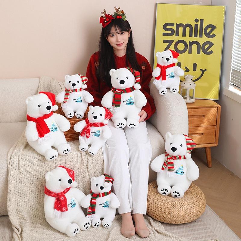 Cartoon Christmas Scarf Polar Bear Doll Plush Toy White Polar Bear Doll Girl Soothing Ragdoll
