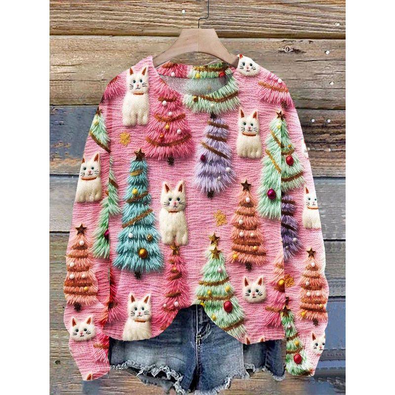 Fall and Winter Cross-Border New Arrival Sweatshirt Female 3D Digital Print Christmas round-Neck Shirt Tops Christmas Hoodie