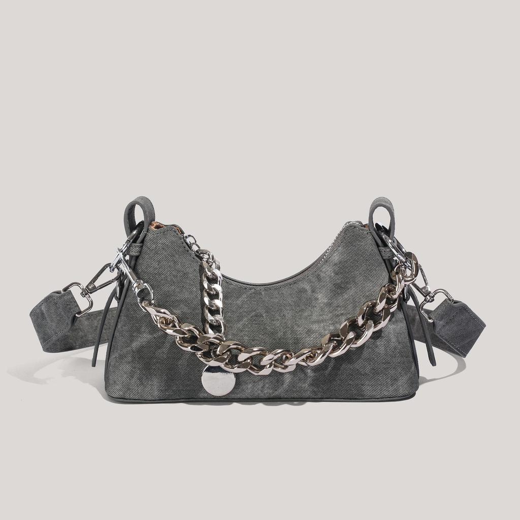 2025 Autumn/Winter Vintage Denim Chain Crossbody Baguette Bag