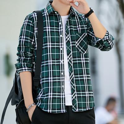 Men's Shirt Long Sleeved Plaid Striped Single Breasted Male Business Casual Top Front Patch Chest Pocket Office Blouse