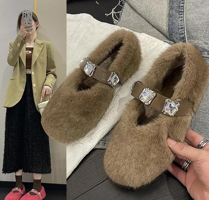 Fashion Shoes Woman 2025 Autumn Crystal Loafers Fur Casual Female Sneakers Square Toe Flats New Fall Rhinestone Comfortable Boat Winter