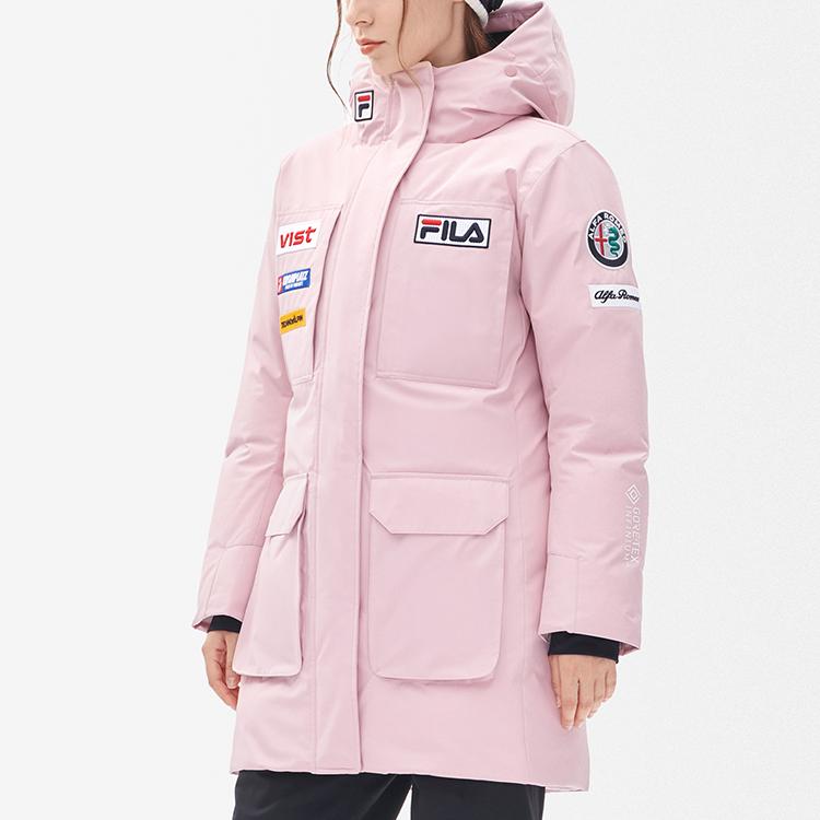 FILA Solid Color Letter Embroidery Hooded Windproof Warm Goose Down Mid-Length Down Jacket Women outerwear Tea-Plum-Pink A11W246910F-PK