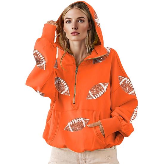 Hooded Sweatshirt for Women Half Zip Oversized Hoodies with Sequin Rugby Print Fall Casual Pullover Tops with Pockets