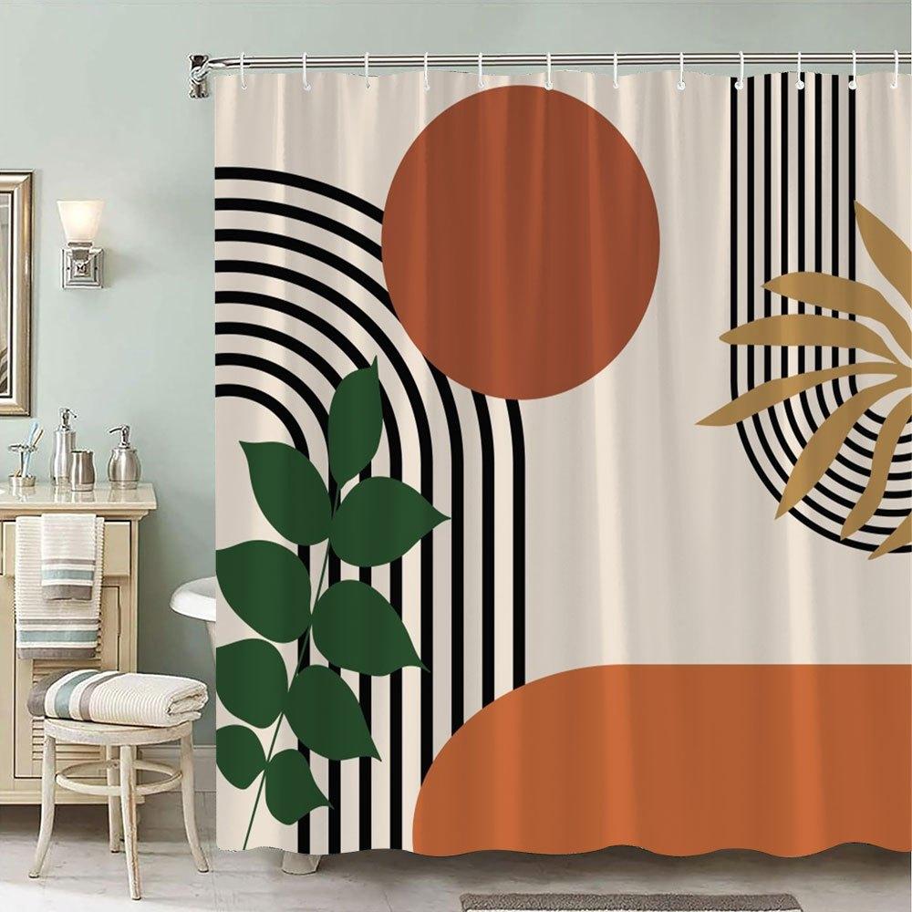 

Geometric Plant Shower Curtain 180X180Cm – Burnt Orange Circle With Green Leaves, Modern Art Bathroom Decor, 12 Hooks W60H190(CM)-1 Pcs