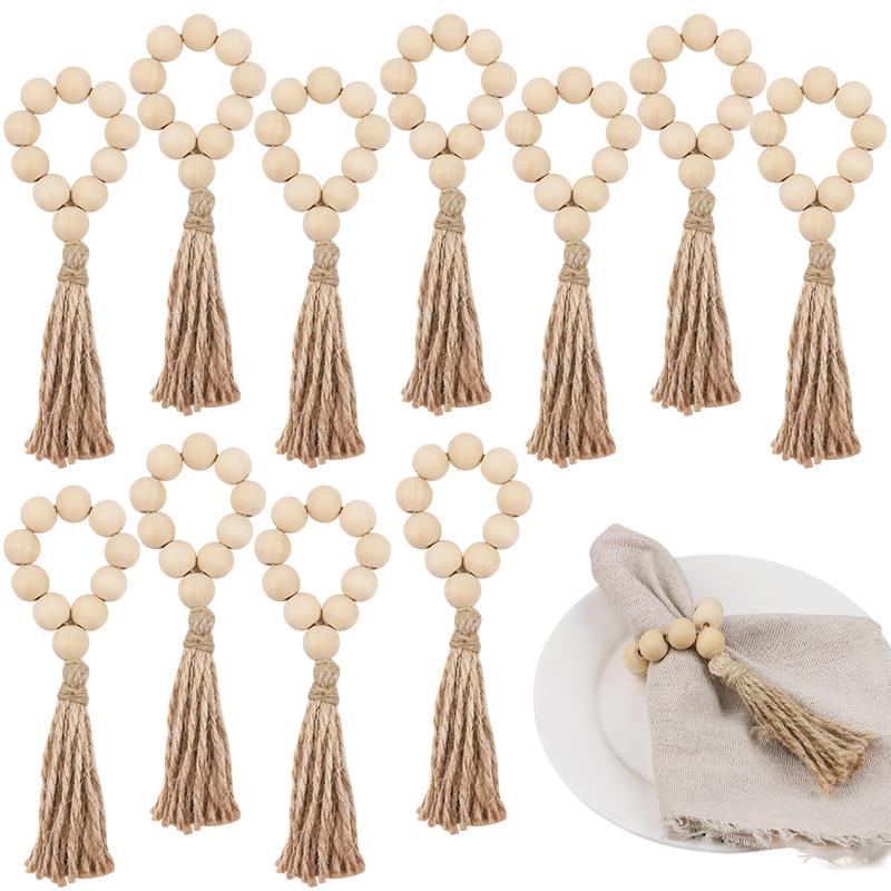 1/12Pcs Wooden Beads Napkin Rings with Tassels Rustic Wedding Table Napkin Holder Buckles Christmas Party Boho Home Decoration