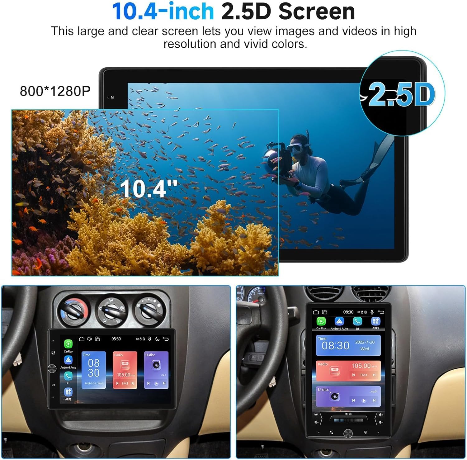 

10.4 Car Stereo with Wireless CarPlay, Android Auto, Rotating Touch Screen, Bluetooth, FM, USB, TF, Backup Camera United States