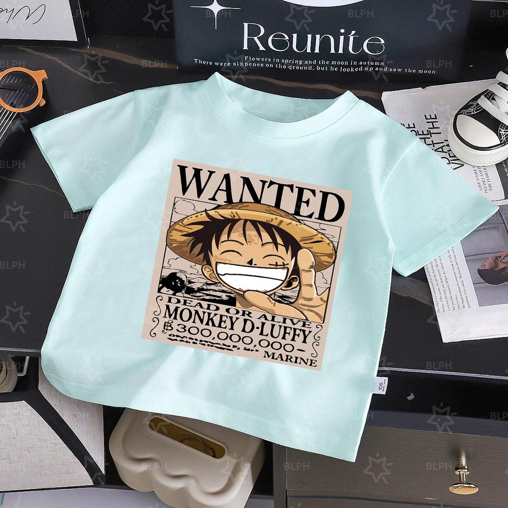 One Piece Luffy Wanted Poster Kids TShirt Cute Cartoon Graphic Tee for Boys Girls Soft Cotton Short Sleeve TShirt for Casual