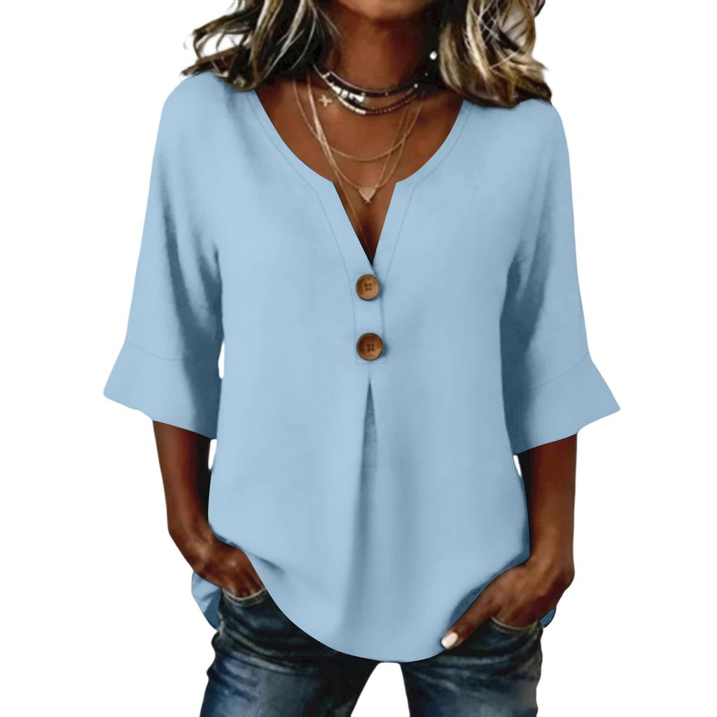 Women's  Color Button Casual V-neck Fashionable Seven Quarter Sleeve Top