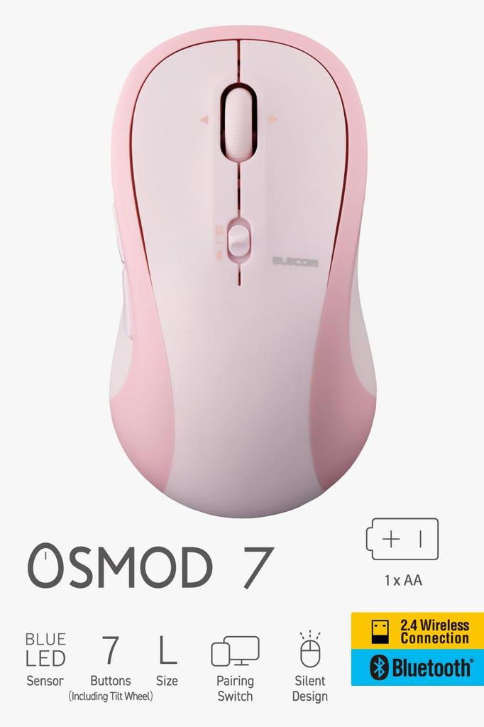 ELECOM OSMOD Seven 7 Wireless to 2 7 Tilt Mouse, Quiet, Bluetooth, 2.4GHz, Multi-Pairing (up Devices), Buttons, Wheel, Large, Pink, M-MY40MBSPN-G
