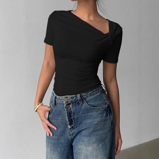 Chemise Femme Manches Courtes Col Biais Style Commuting Hauts Décontractés Coupe Ajustée Couleur Unie T-shirt d'Été