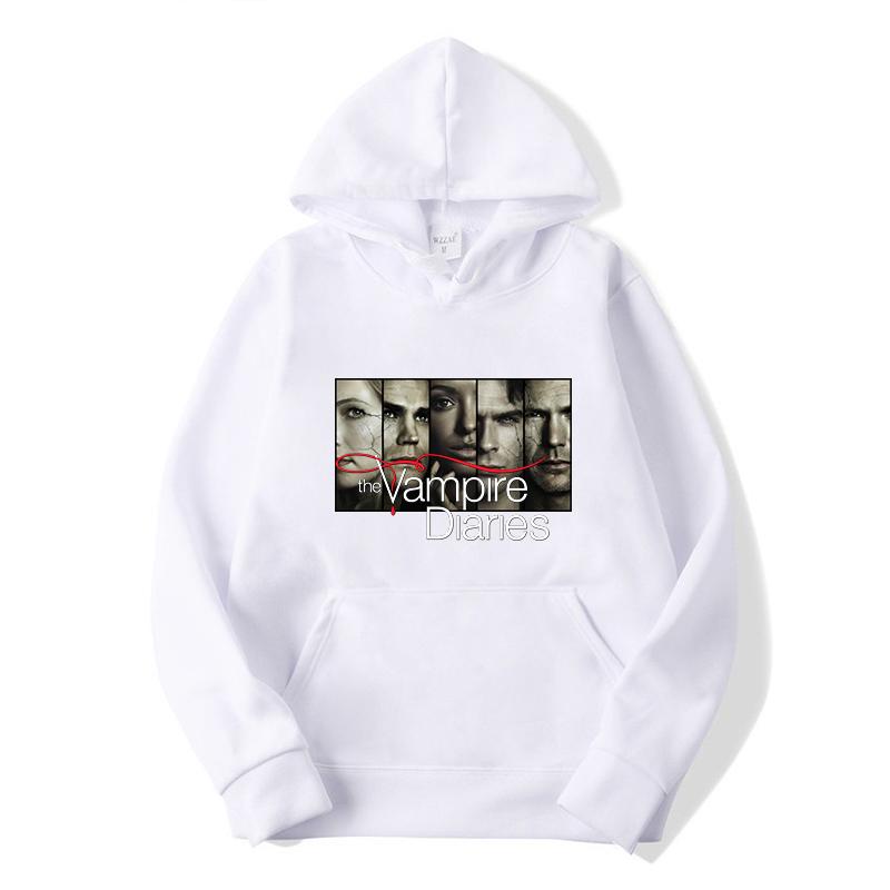 The Vampire Diaries Print Hoodie Unisex Pullover TV Show TVD Damon Stefan Elena Character Graphic Hooded Sweatshirt Casual Long Sleeve Streetwear