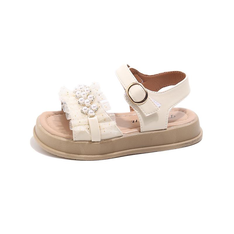 Girls Princess Shoes Summer Lace Beadings Kids Beach Shoes Oepn Toes Elegant Sweet 2025 Summer New Children Sandals Non-slip