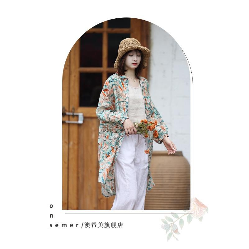 Women S Literary Retro Cotton Linen Floral Long Sleeve Loose Mid Length Shirt