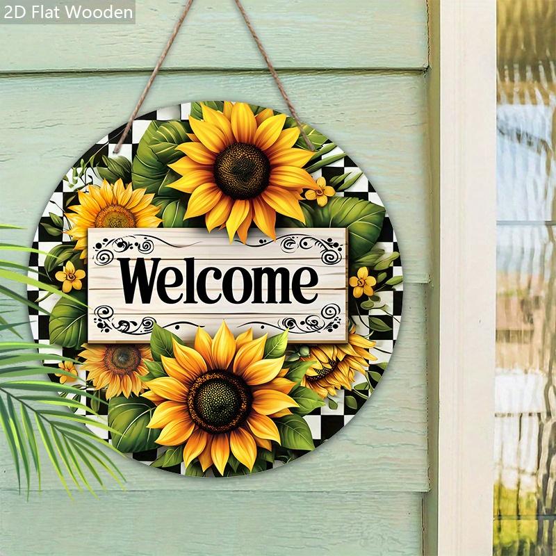 Encantador Letrero de Bienvenida de Madera con Patrón de Girasol - Decoración de Pared Rústica con Fondo Ajedrezado, Diseño Floral Vibrante para Decoración de Puerta Principal
