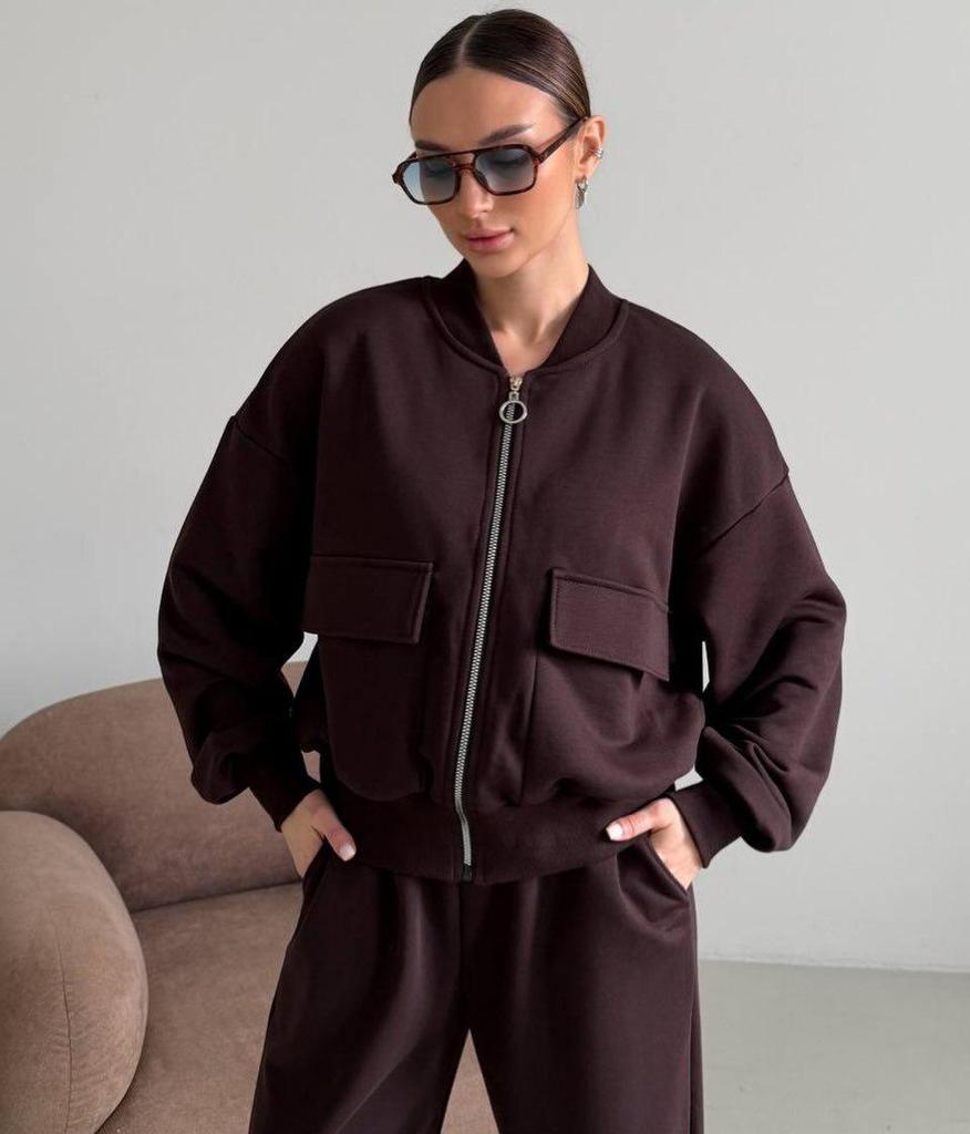 Women's Solid Color Zipper Pocket Sports Jacket & Pants Set - Casual Long Sleeve Two-Piece for Spring/Autumn 2026