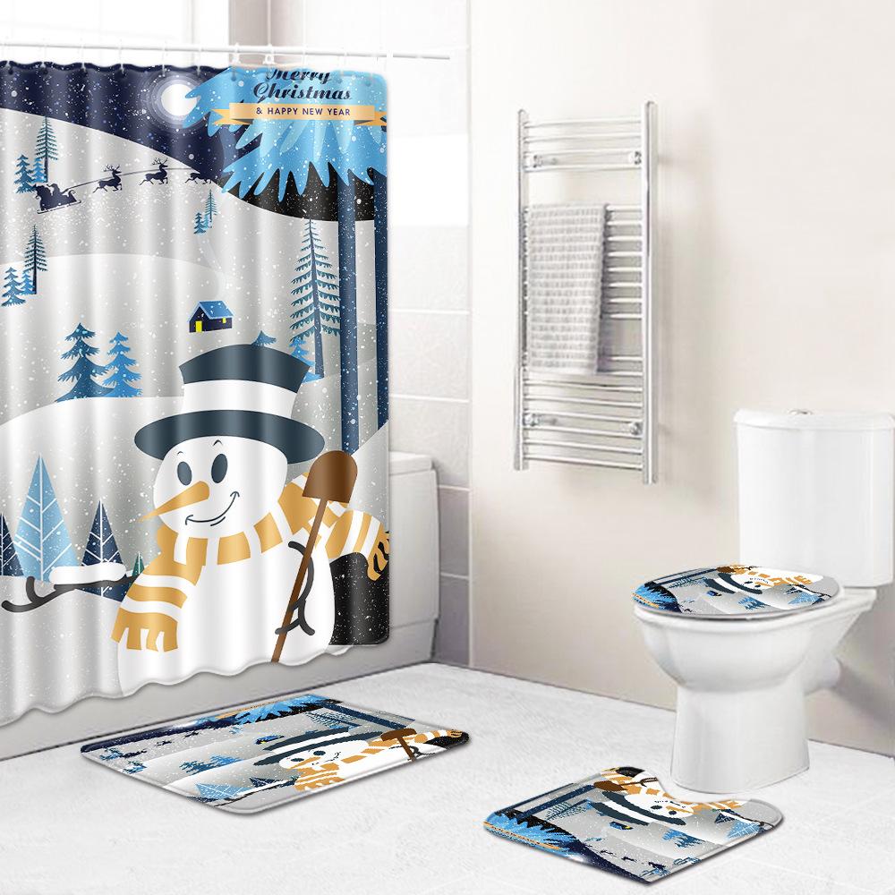 Christmas Waterproof Shower Curtain Four-Piece Floor Mat Combination Set Household Door Mat Bedroom Living Room Carpet