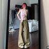 American Retro Army Green Tooling Jeans Women's Autumn Low-rise and Thin Design Sense Straight Wide-leg Floor-mopping Pants