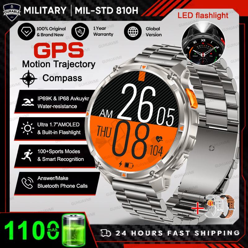1100mAh Large Battery Durable Adult Smart Watch GPS Strong Flashlight 10ATM Waterproof BT Call Sport Smartwatch Men