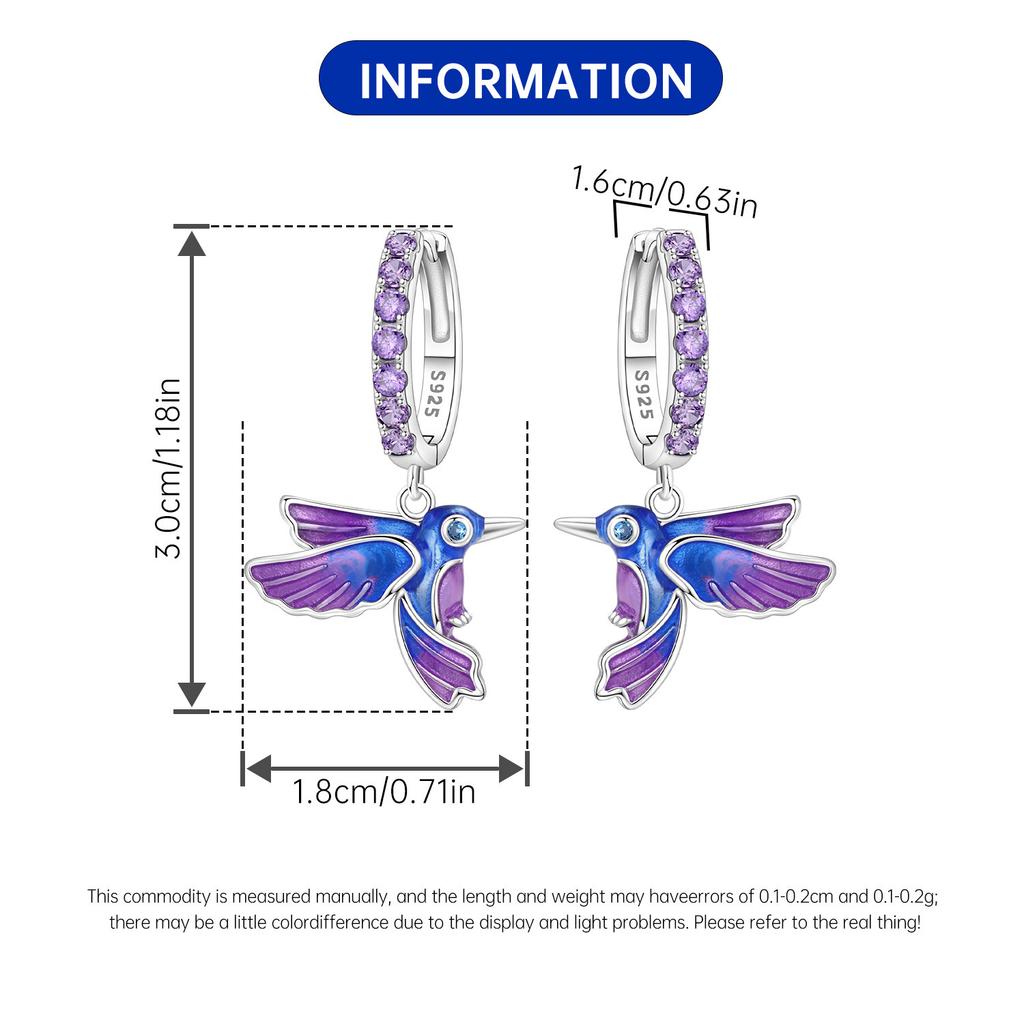 Orstarry 925 Silver Blue Purple Bird Drop Earrings Women Earrings Charm Fashion Birthday Party Jewelry Fine Gift Aretes