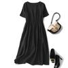Short-sleeved round neck simple cotton and linen dress for women's 2025 summer new loose waist and thin dress