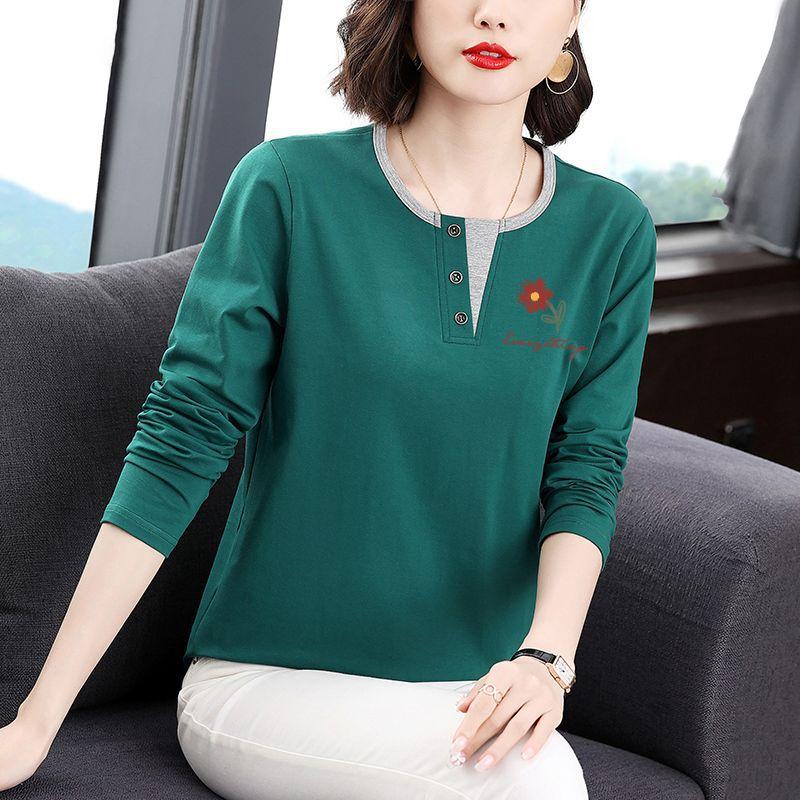 Women's Pullover Round Neck Printing Button Folds Loose Bottom Shirt Fashion Casual Long Sleeve Tops
