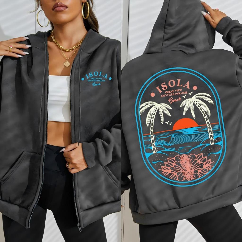 Isola Beach Blue Word Printing Zipper Hoodies Women Casual Pocket Hoody Loose Streetwear Fleece Autumn Clothing