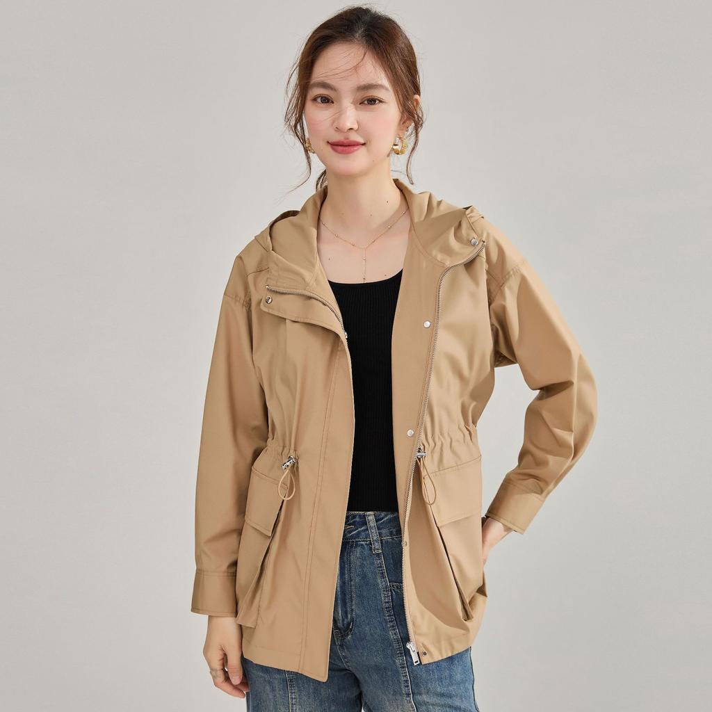Spring New Loose Casual Tooling Wind Hooded Jacket Drawstring Waist Thin Cotton Short Trench Coat 15786