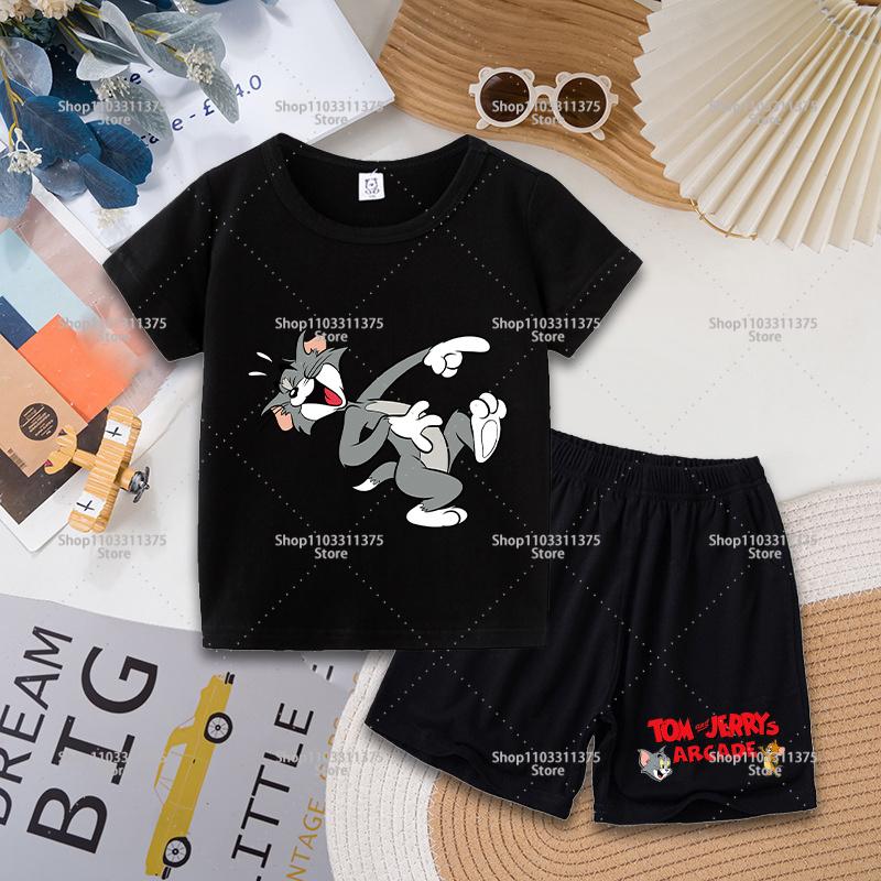 Tom and Jerry T-shirt Shorts Set Cute Cartoon Printed Casual Wear Fashion Summer Boys Girls Clothes Birthday Gift Tops Sportwear