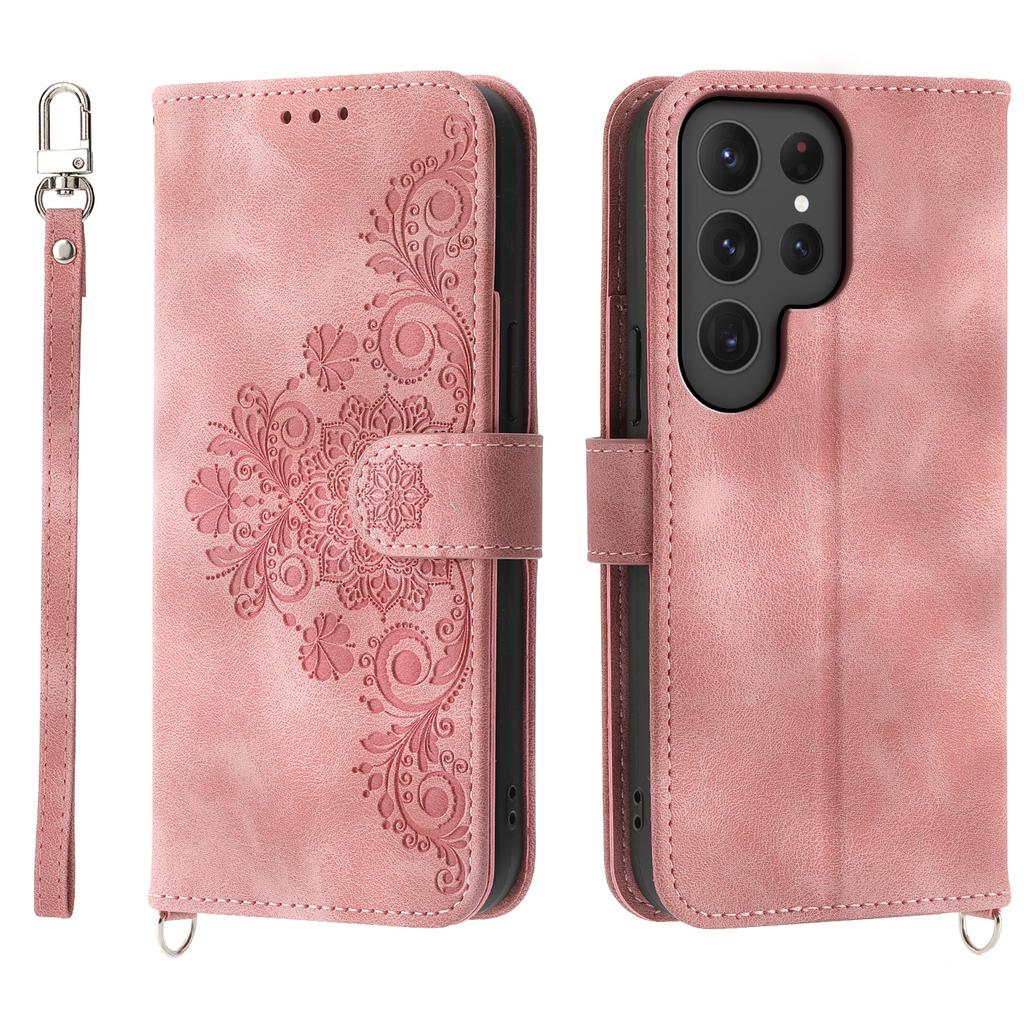 Pouzdro pro Samsung Galaxy S25 Ultra s květinovým vzorem, PU kožené peněženkové pouzdro na telefon s popruhem