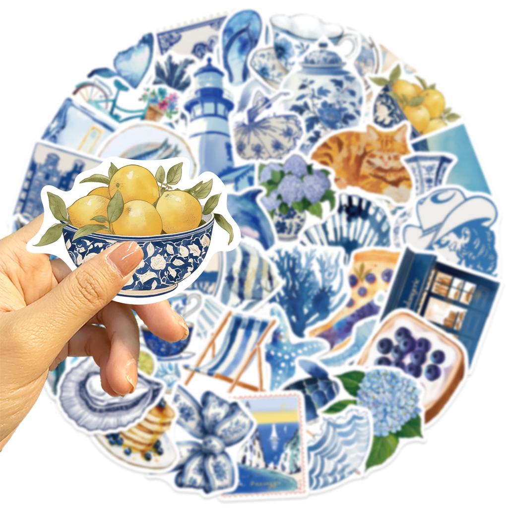 50 100 Stück Niedliche Mediterrane Sticker Ästhetisch Blau Ins Cartoon Aufkleber Diy Scrapbooking Handy Gepäck Wasserdichter Aufkleber Spielzeug