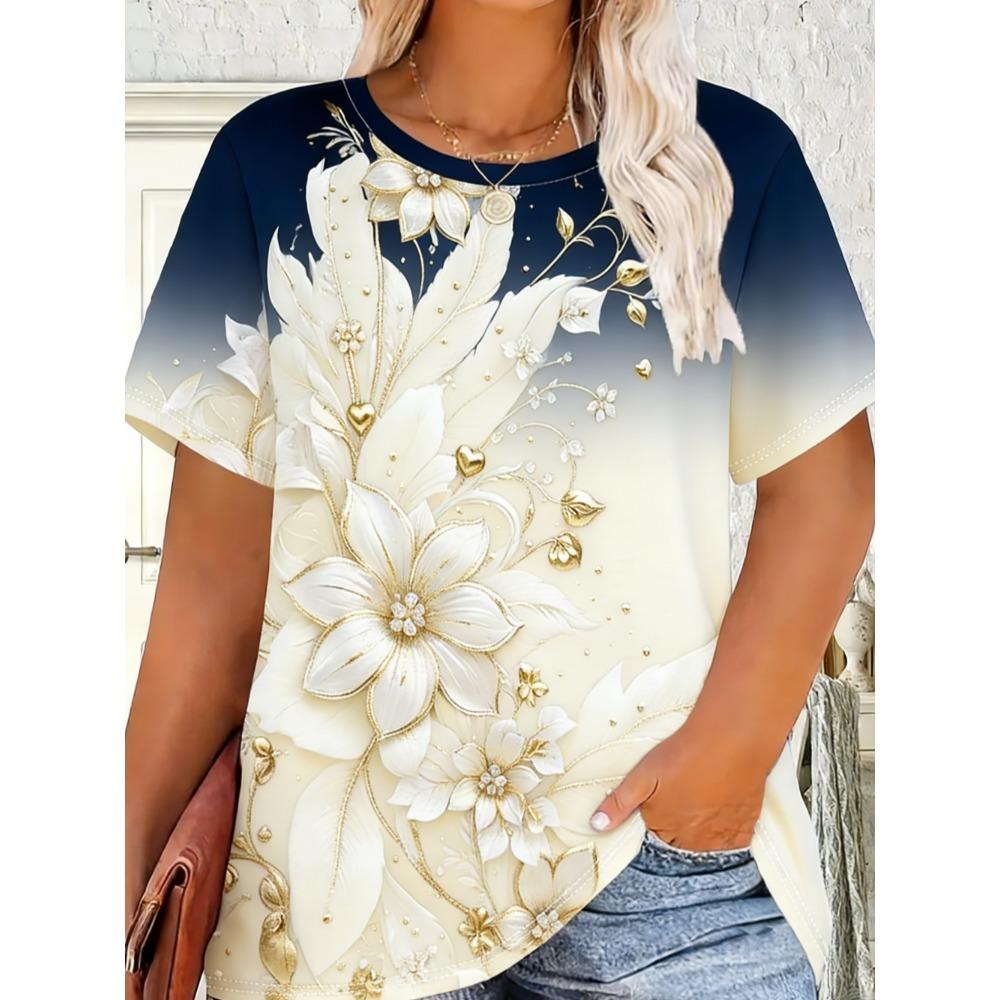 Ladies Summer Colorful Flower Printed Large Loose Casual T-shirt Fashionable Comfortable Soft Breathable Short Sleeved T-shirt