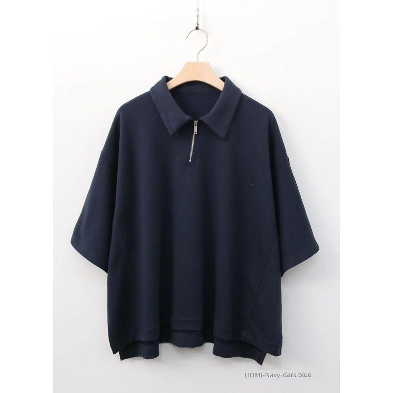 

South Korea Th Pure Color T-Shirt Lapel Mid-Sleeve Bottoming Shirt Loose Plus Size Half Sleeve Casual 2023 New Arrival Deep Blue One size