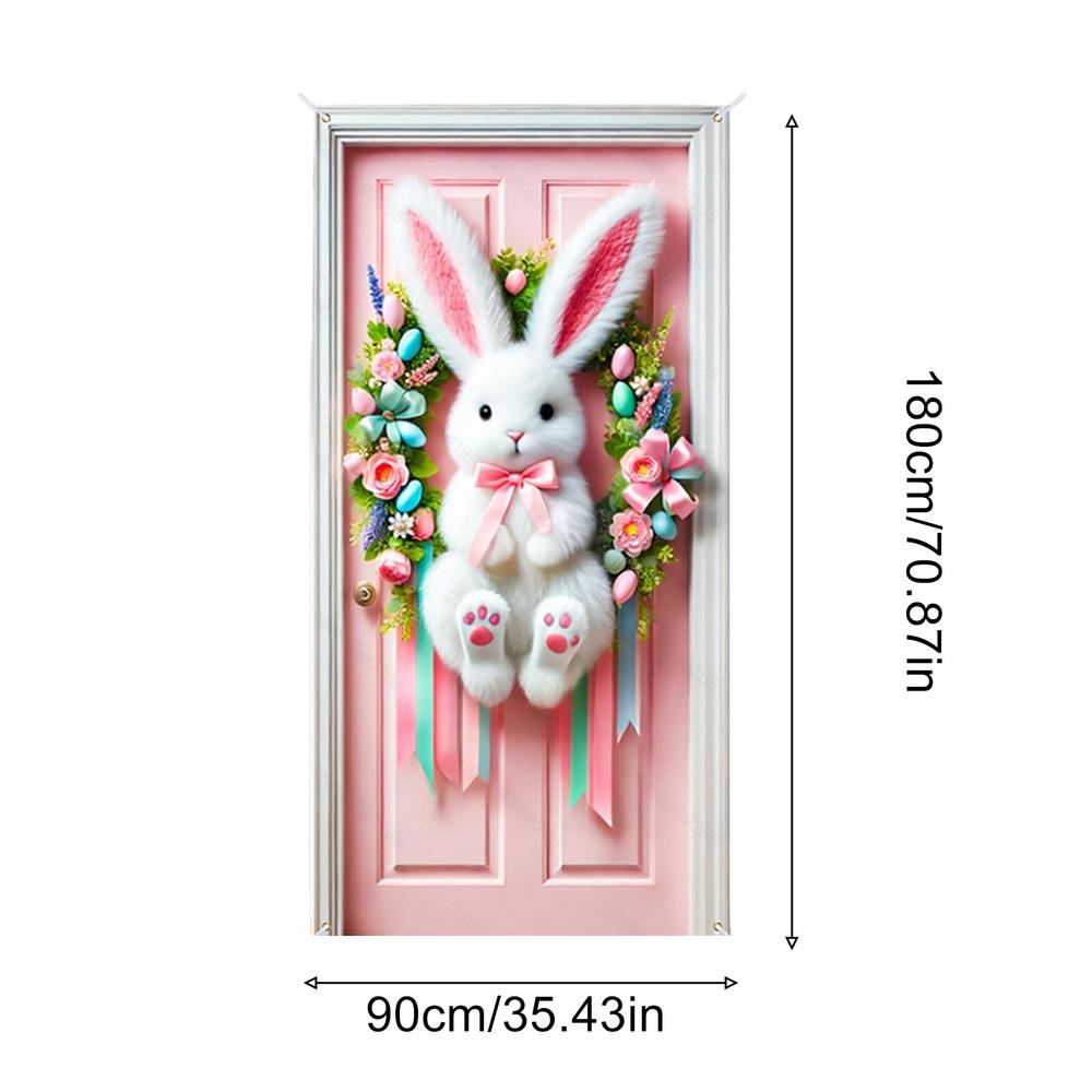 

Cute Happy Easter Bunny Theme Background Spring Wreath Door Cover Bunny Flower Eggs Door Banner Backdrop Party Decoration Props