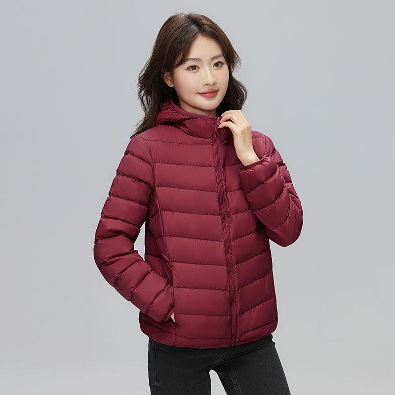 Down women's hooded down jacket women's light and thin short large size light foreign style white duck down jacket Pinghu down jacket batch